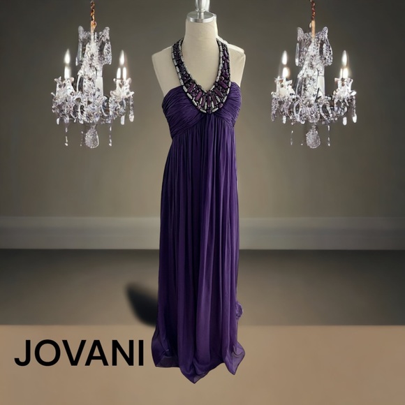 JOVANI PURPLE SILK FORMAL LONG DRESS GOWN BEADED NECKLINE 8 - Picture 10 of 11
